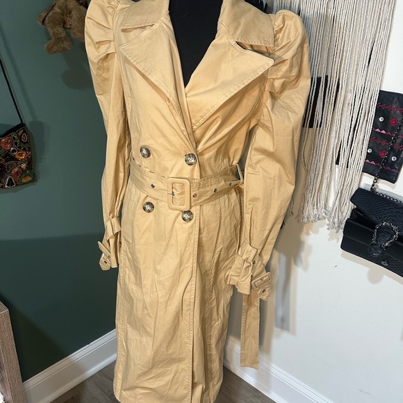 Avec Les Filles Jackets & Blazers - Avec Les Filles Belted Cotton Trench Coat XS Beige Puff Sleeve Double Breasted